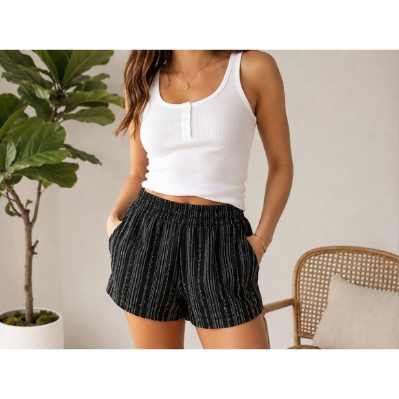 Madewell Pants - Madewell Linen Blend Pull On Shorts Black White Stripe Textured G2414 M